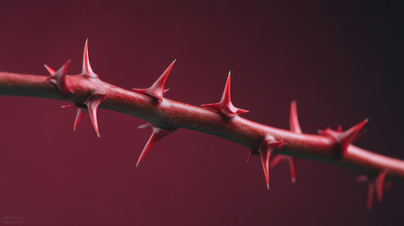 This striking close-up captures the intricate details of a thorny stem, showcasing nature's sharp beauty against a rich gradient background. Perfect for artistic themes.の素材
