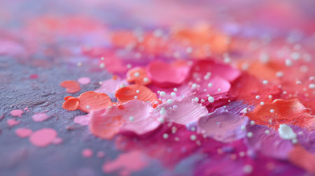 This stunning abstract art image showcases vibrant pink and orange paint splashes on canvas, emphasizing a beautiful texture and a dreamy aesthetic.の素材