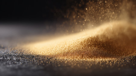 This image showcases a fine golden powder forming a delicate mound on a dark surface, beautifully capturing texture and light reflections, perfect for creative projects.の素材