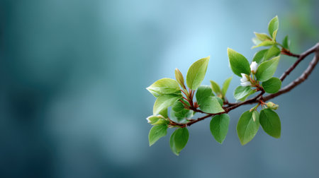 This image features fresh green leaves on a branch with a soft blurred background, perfectly capturing the essence of spring and the tranquility of nature.の素材