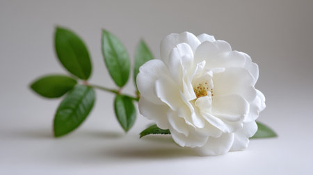 A stunning single white flower with lush green leaves against a soft neutral background, perfect for capturing the essence of nature's beauty and elegance.の素材