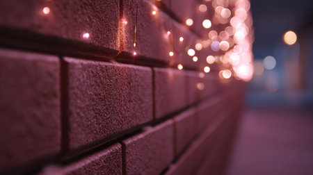 This close-up image showcases a textured brick wall with enchanting bokeh lights that create a warm and inviting ambiance, perfect for evening or festive themes.の素材