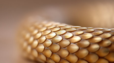 This image showcases a close-up view of shimmering, textured scales of a snake, emphasizing golden tones against a softly blurred background, ideal for nature themes.の素材
