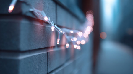 A captivating image featuring string lights softly glowing against a brick wall in an urban setting. The cool tones create a tranquil atmosphere with a beautiful bokeh effect.の素材