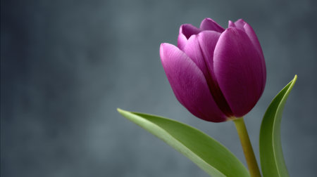 A stunning close-up of a purple tulip bloom showcasing its smooth petals and lush green leaves, ideal for nature themes and floral decoration.の素材