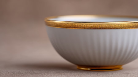 This elegant white ceramic bowl with a golden rim adds sophistication to any dining experience, perfect for serving culinary creations and enhancing table aesthetics.の素材