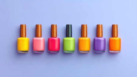 A vibrant arrangement of nail polish bottles in various colors on a soft purple background. Ideal for beauty and fashion visuals focusing on colorful cosmetics and nail art.の素材