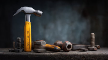 This image features a hammer alongside various metal fasteners on a rustic workbench, highlighting essential tools for construction and repair tasks in any workshop setting.の素材