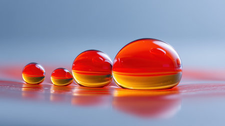 This image features vibrant orange and red droplets positioned on a smooth surface. The soft lighting enhances the colors and creates a captivating still life effect.の素材