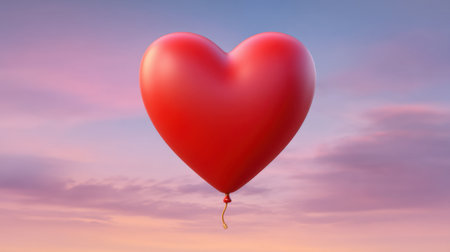 A vibrant red heart balloon floats gracefully against a stunning dawn sky, creating an enchanting scene filled with warmth and joy, perfect for love-themed visuals.の素材