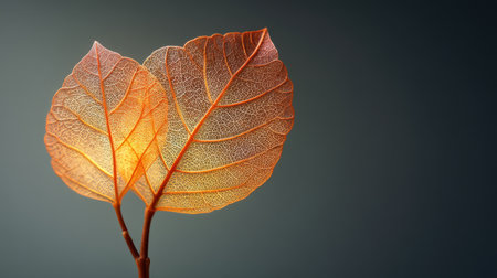 Two delicate leaves with intricate vein structures radiate a warm glow against a serene background, embodying the beauty and elegance of nature's design.の素材