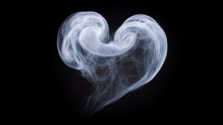 Intricate white smoke gracefully shapes itself into a heart symbol, creating an artistic representation of love and emotion against a dark backdrop.の素材