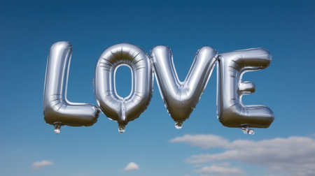 A stunning silver balloon spelling "LOVE" floats against a clear blue sky with soft clouds, perfect for themes of romance, celebration, and joyful occasions.の素材
