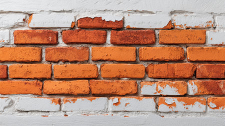 This image showcases a textured wall featuring a mix of orange bricks and white paint, depicting signs of wear and rustic charm, ideal for design projects or backgrounds.の素材
