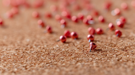 This image features a close-up of red push pins scattered across a natural cork board, providing an engaging visual for organizing ideas in an office or creative space.の素材