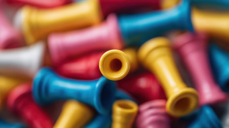 A vibrant collection of game pieces in various colors, with a focused view on a yellow piece amidst a playful mix of blue, pink, and white, perfect for playful imagery.の素材