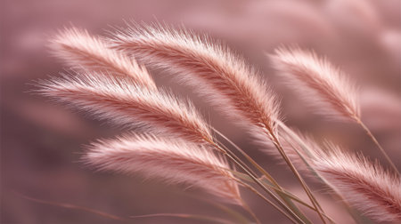 A close-up view of delicate pink plants with feathery textures swaying gently, set against a soft muted background that evokes feelings of calm and serenity.の素材