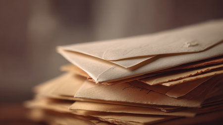 A captivating image of vintage envelopes stacked on a wooden surface, evoking nostalgia and charm, perfect for themes of communication and classic artistry.の素材