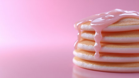 Indulge in the delightful sight of a fluffy stack of pancakes drizzled with sweet syrup, set against a soft pink background, perfect for culinary inspiration.の素材