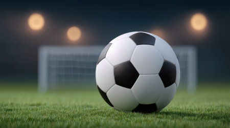 A dynamic soccer ball sits on vibrant green grass, with a goal in the soft-focus background illuminated by glowing bokeh lights, conveying the essence of sport and excitement.の素材
