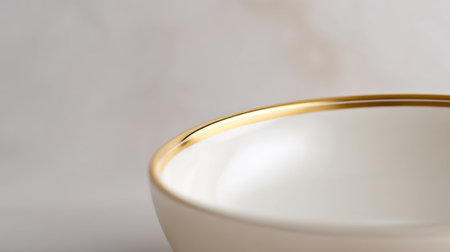 This image showcases an elegant white ceramic bowl adorned with a delicate gold rim. The soft neutral background enhances its modern and sophisticated design.の素材