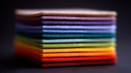 A vibrant display of neatly stacked felt sheets showcasing a gradient of colors from light to dark. Ideal for crafting projects and artistic inspiration.の素材