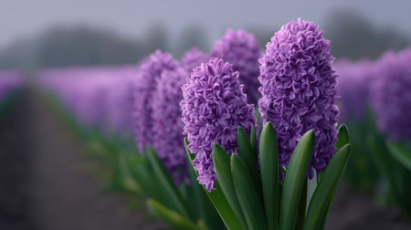 A stunning view of field filled with purple hyacinth flowers, illustrating the beauty of nature in bloom. Soft lighting enhances the vibrant colors and details.の素材