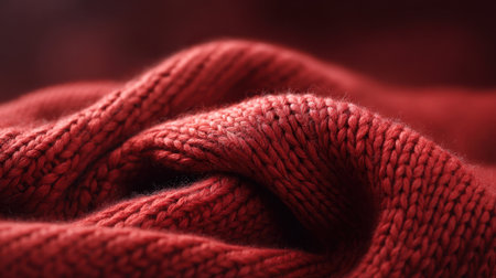 This close-up image showcases the intricate texture of soft red knitted fabric, perfect for evoking warmth and comfort in projects related to fashion and home decor.の素材