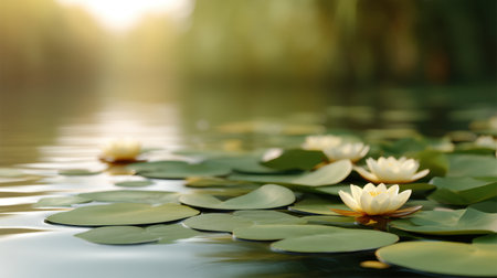 A peaceful scene of water lilies gracefully floating on calm water, illuminated by soft natural light during sunset, creating a tranquil atmosphere ideal for relaxation.の素材
