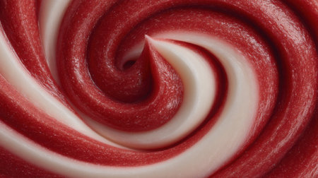 Captivating swirl of creamy red and white texture, ideal for food photography, design, and culinary projects. This vibrant image showcases indulgent dessert appeal.の素材