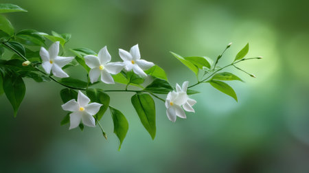 A stunning display of delicate white jasmine flowers with lush green leaves, creating a serene and peaceful atmosphere perfect for botanical-themed projects or nature lovers.の素材