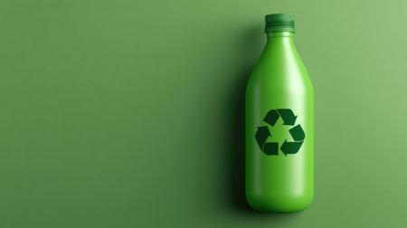 A vibrant green bottle featuring a recycling symbol, set against a matching background. This image represents eco-friendly initiatives and promotes sustainable living practices.の素材