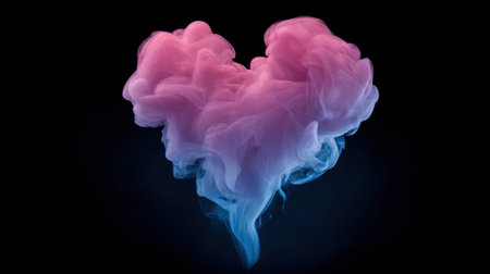 An artistic representation of a heart shape created with colorful smoke, blending pink and blue hues against a dark background, evoking feelings of love and passion.の素材