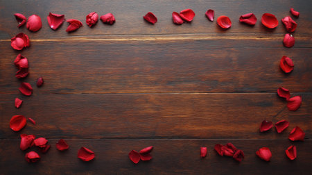 A beautiful arrangement of delicate red rose petals set atop a rustic wooden surface, ideal for creating romantic visuals for special occasions or events.の素材