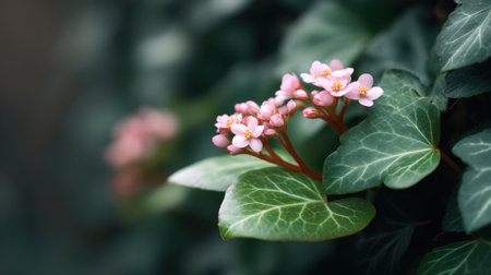 A close-up view of delicate pink flowers nestled among lush green ivy leaves, showcasing nature's beauty. Ideal for themes of tranquility and organic gardens.の素材