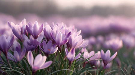A stunning close-up of purple crocus flowers blooming in a serene meadow. The soft natural light enhances the beauty of the delicate petals, creating a tranquil springtime scene.の素材