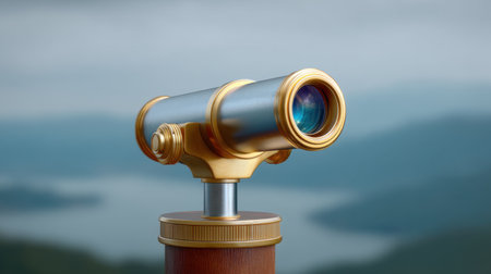 A stunning vintage telescope elegantly designed for exploration, set against a tranquil landscape, inspiring curiosity about the distant horizons waiting to be discovered.の素材