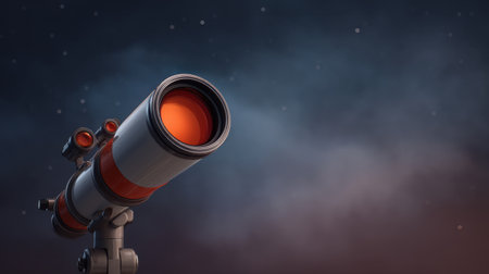 A stunning telescope featuring a vibrant orange lens set against a starry night sky. Perfect for capturing the awe of astronomy and stargazing adventures.の素材