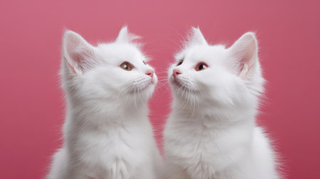 Two fluffy white cats share a playful moment, gazing into each other's eyes with sweetness and curiosity, set against a vibrant pink background that enhances their charm.の素材