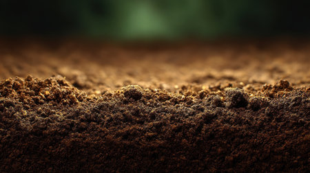 Close-up view of rich brown soil with detailed texture. This image captures the essence of earthの素材