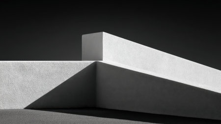 This striking composition features abstract architectural shapes in monochrome, emphasizing the interplay of shadows and light against a textured surface.の素材