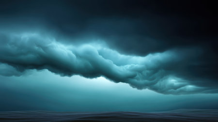 A stunning visual of dark clouds looming over a tranquil sea, showcasing powerful stormy atmosphere with vibrant blue and grey hues, perfect for dramatic weather themes.の素材