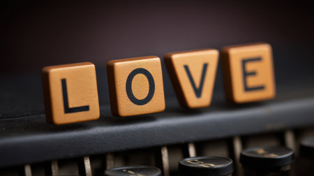 This close-up image features vintage letters spelling the word 'love' on an old typewriter, evoking nostalgia and romantic sentiments in a charming setting.の素材
