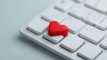 A vibrant red heart-shaped key rests prominently on a white keyboard, illustrating love and affection in today's digital communication landscape with a unique aesthetic touch.の素材