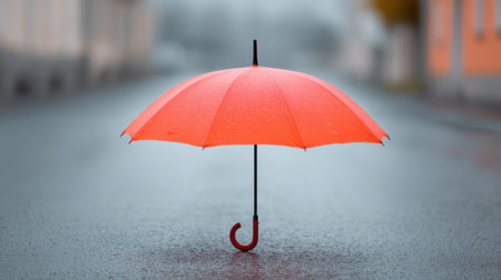 A bright red umbrella stands alone on a rainy street, showcasing beautiful reflections on wet pavement, creating a tranquil yet melancholic atmosphere.の素材