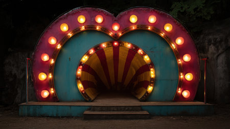 This captivating image features a vibrant entrance to a vintage theme tunnel adorned with colorful lights, creating a cheerful atmosphere perfect for events and attractions.の素材