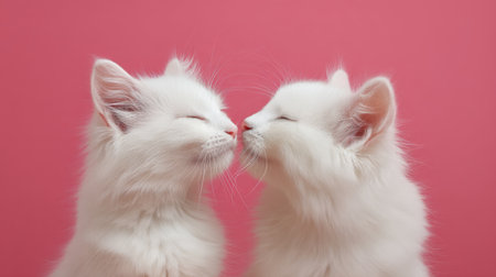 Two charming white kittens are playfully touching noses against a vibrant pink background, capturing a heartfelt moment of love and connection in a delightful scene.の素材