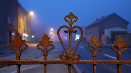 A rusty ornamental gate stands prominently in a foggy evening scene, surrounded by soft street lights illuminating the quiet street, evoking a sense of mystery.の素材