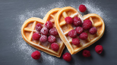 Indulge in delicious heart-shaped waffles adorned with fresh raspberries and a light dusting of powdered sugar, perfect for a romantic breakfast or special occasion.の素材