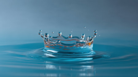 Captivating image of a water splash forming a crown shape, showcasing the dynamic beauty and elegance of liquid in a serene aqua blue setting. A perfect capture of motion.の素材